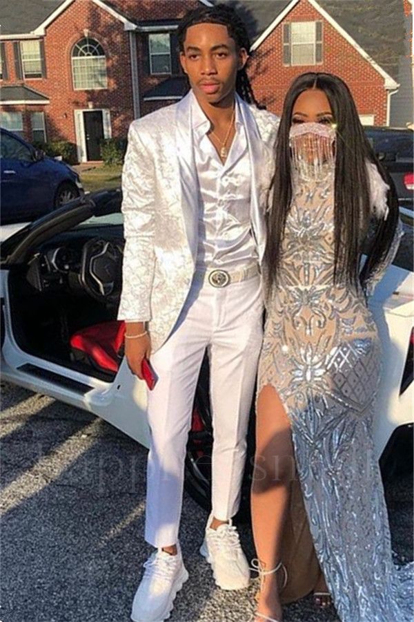 Ambrose Handsome White Jacquard Shawl Lapel Prom Men Suits
