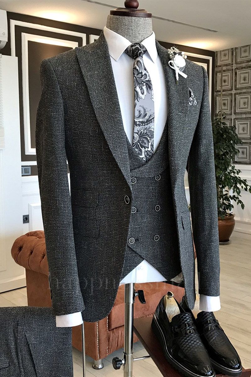 Patricia Dark Gray Small Plaid Peaked Lapel Double Breasted Business Men Suits With Vest