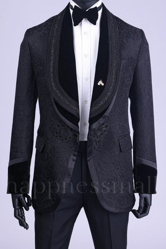 Pelagia Fashion Black Jacquard Shawl Lapel Two Pieces Wedding Suits