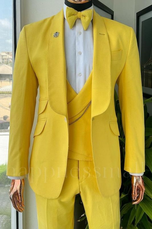 Petros Newest Yellow Shawl Lapel Three Pieces Wedding Suits