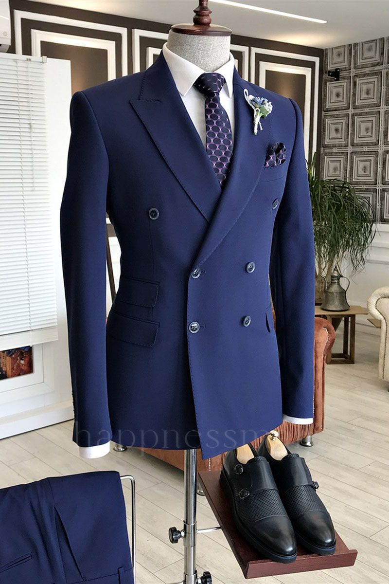 Popular Navy Blue Peaked Lapel Double Breasted Formal Business Men Suits | happnessmall