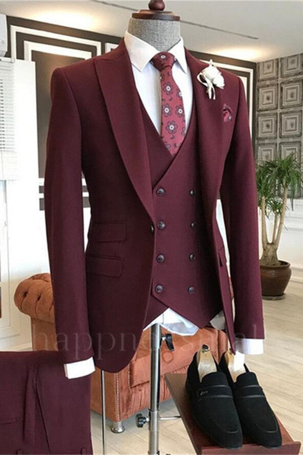 Penelope Popular Burgundy Peaked Lapel Three Pieces Men's Suit