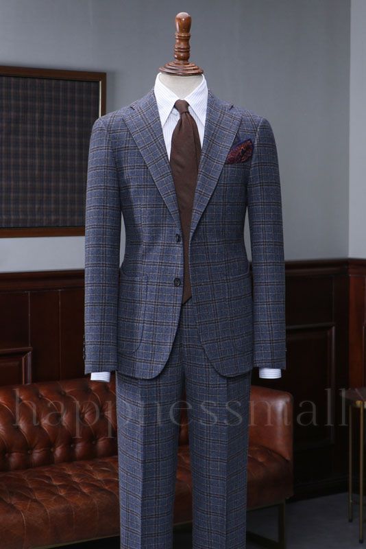Isabelle Elegant Shape Formal Navy Blue Small Plaid Notched Lapel Slim Fit Bespoke Suit