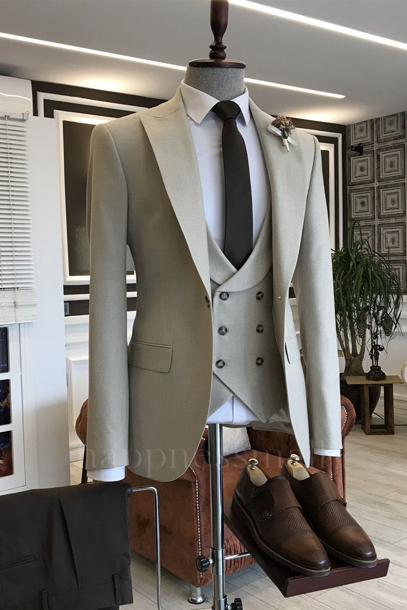 Sophia Modern Light Khaki Double Breasted 3-Pieces Business Suits For Men