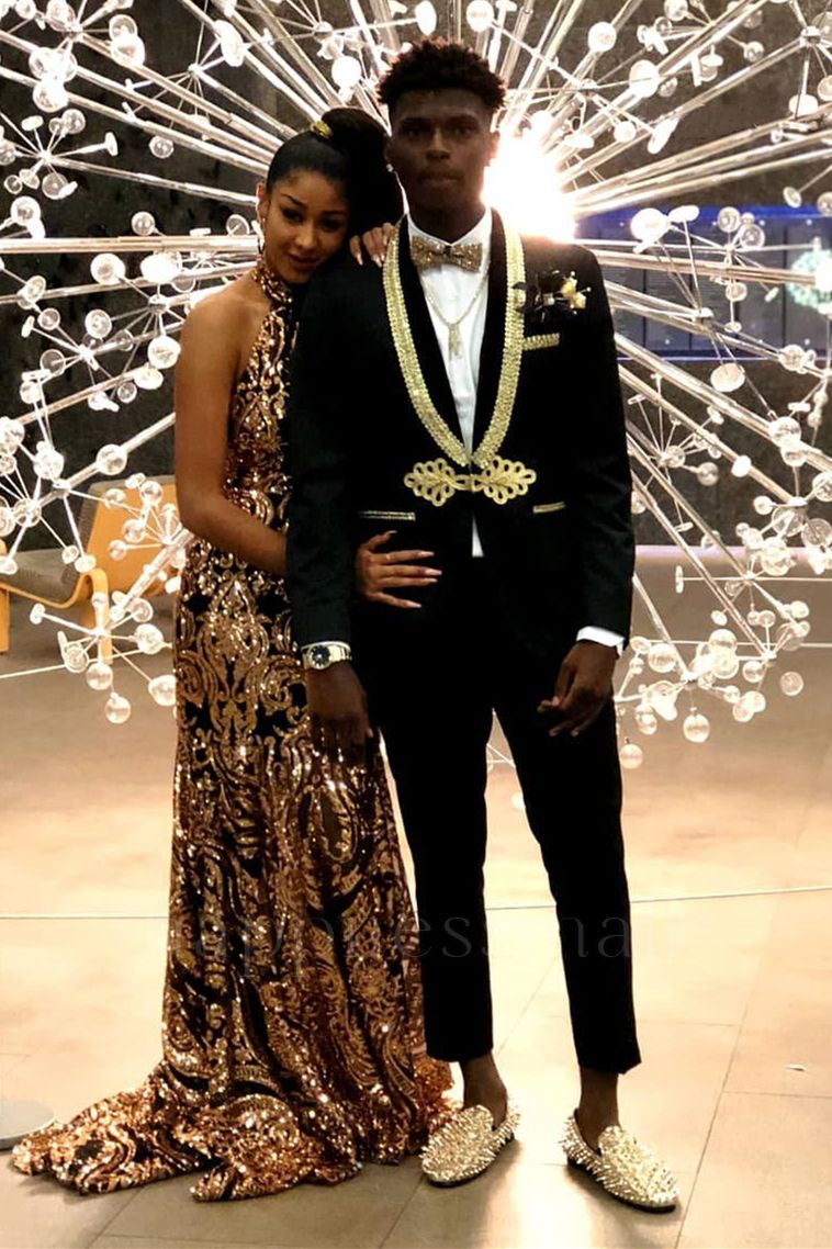Greyson Unique Black Knitted Button Gold Lapel Men's Prom Suit