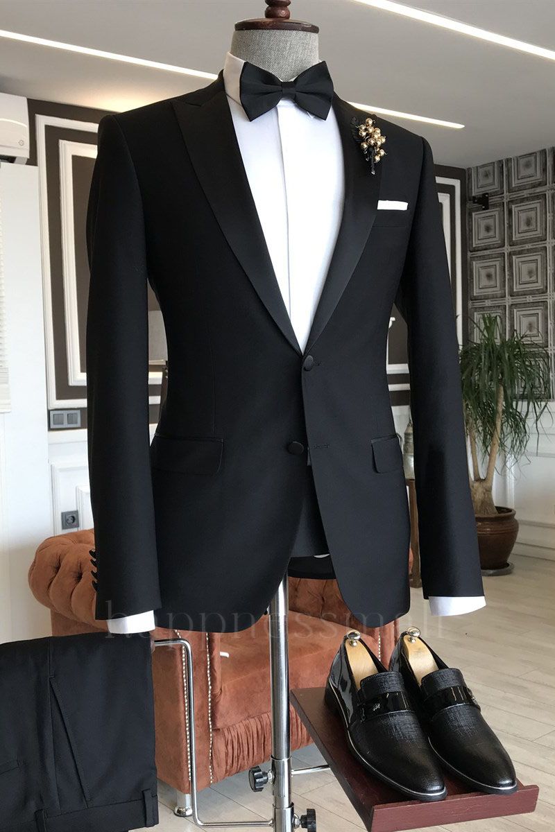 Zephyr Classic Black Slim Fit Peaked Lapel Men'S Business Suit