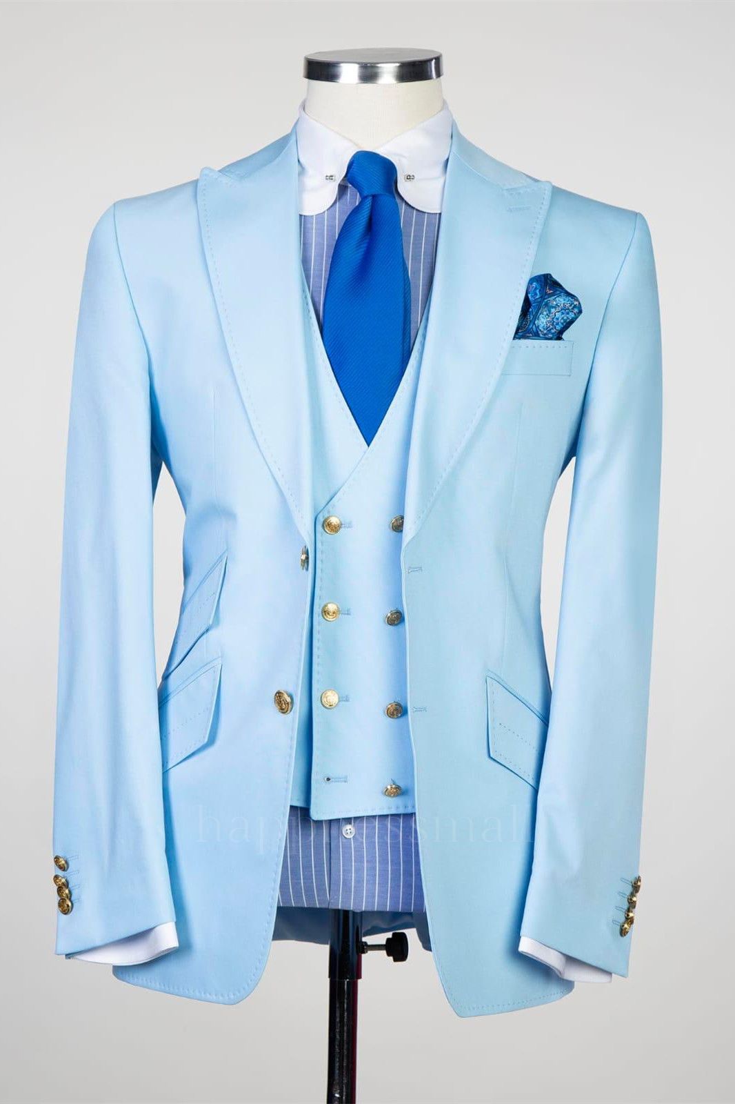 Stylish Sky Blue Three Pieces Peaked Lapel Slim Fit Men Suits