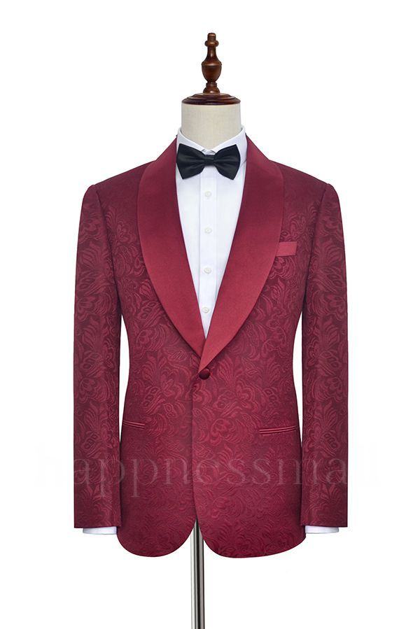 Burgundy Jacquard One Button Silk Shawl Lapel Mens Suits for Wedding or Prom