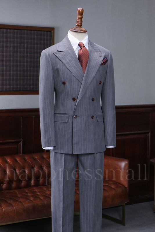 Paul Stylish Gray Striped Peaked Lapel Double Breasted Custom Suit For Business