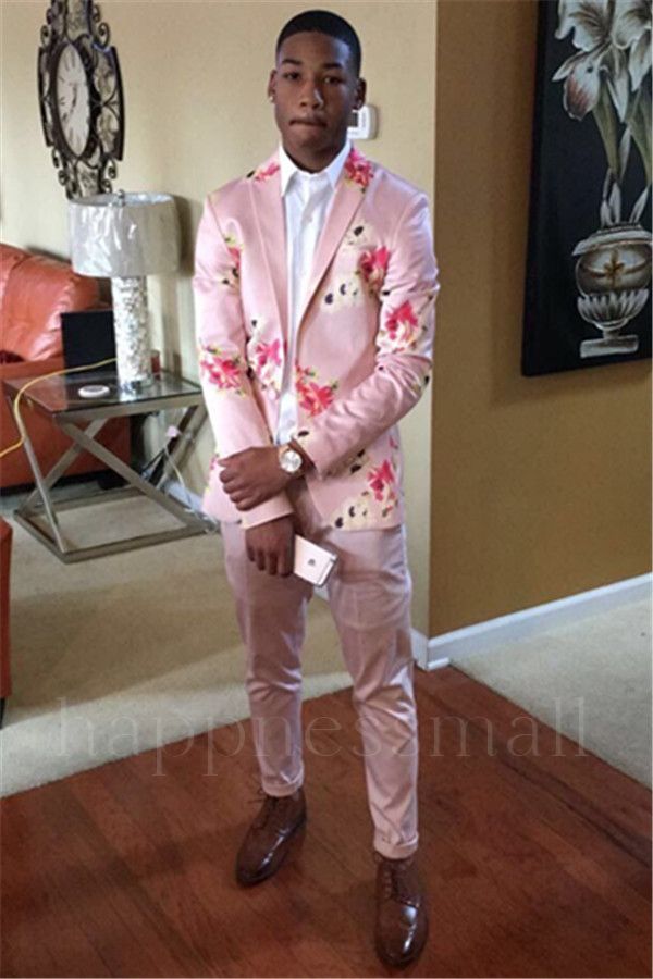 Jethro Chic Flower Printed Pink Two Pieces Prom Men Suit On Sale