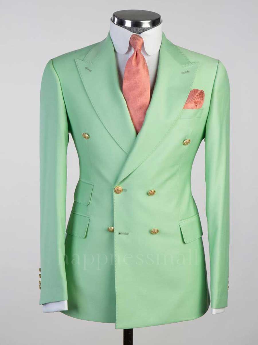 Mint Green 2ps Peaked Lapel Slim Fit Men Suits | Happnessmall
