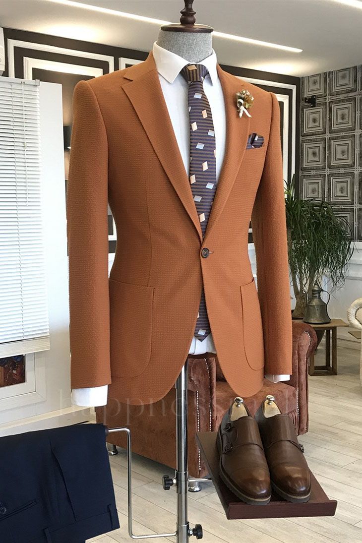 Unique Orange Notched Lapel One Button Slim Fit Suits For Business