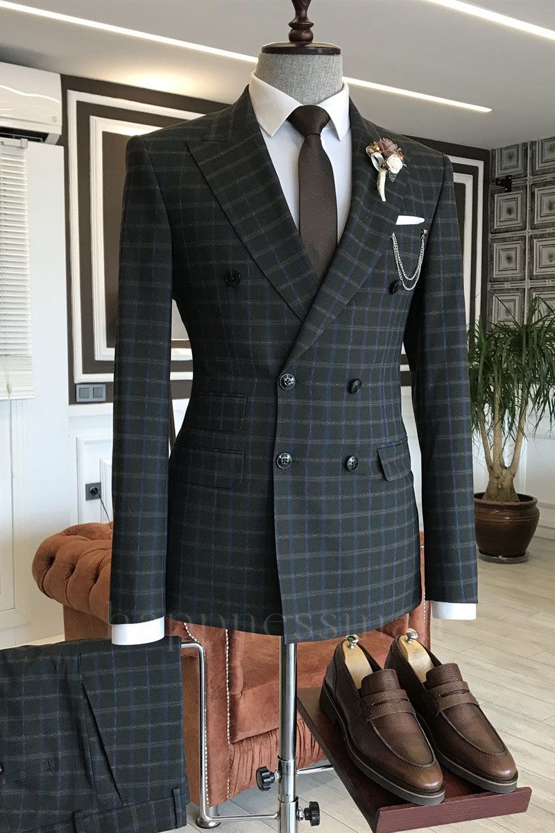 Dimitris Chic Black Plaid Double Breasted Slim Fit Business Suits For Men