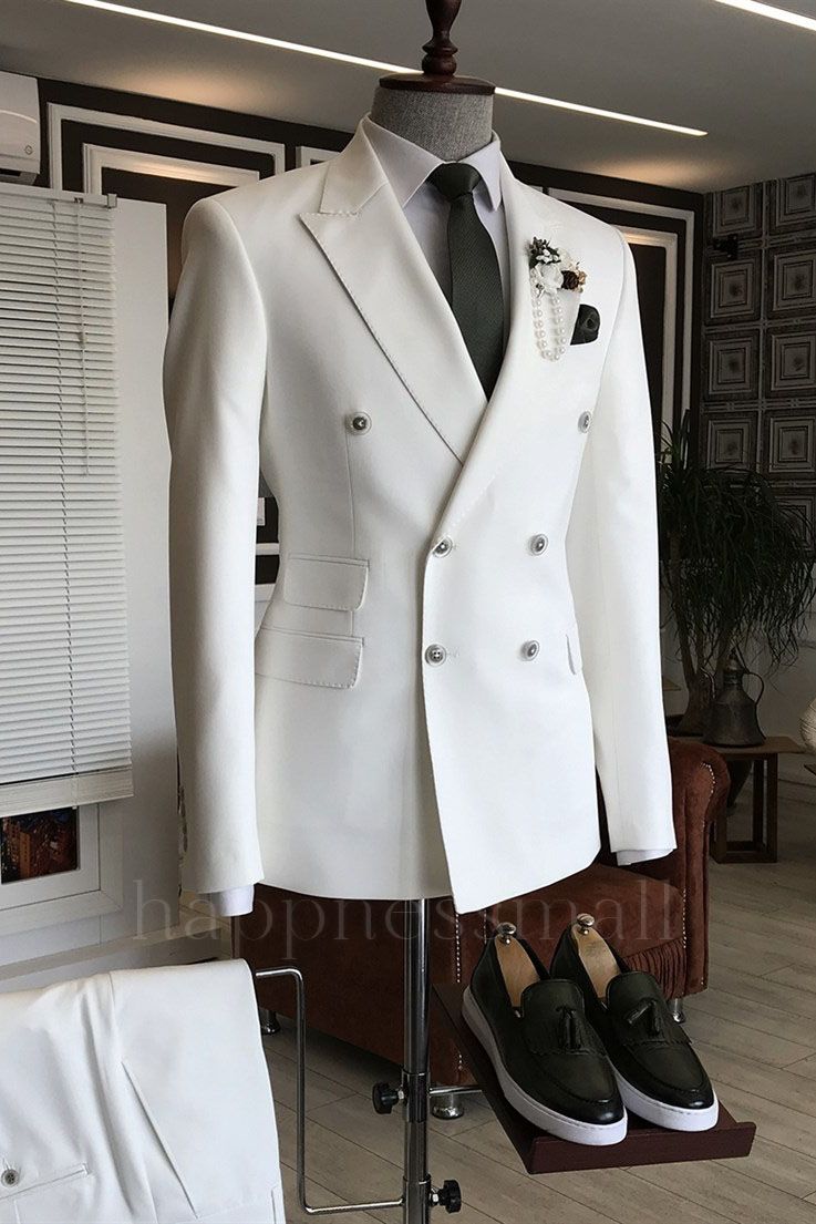 Dimitris Popular White Peaked Lapel Double Breasted Formal Business Men Suit