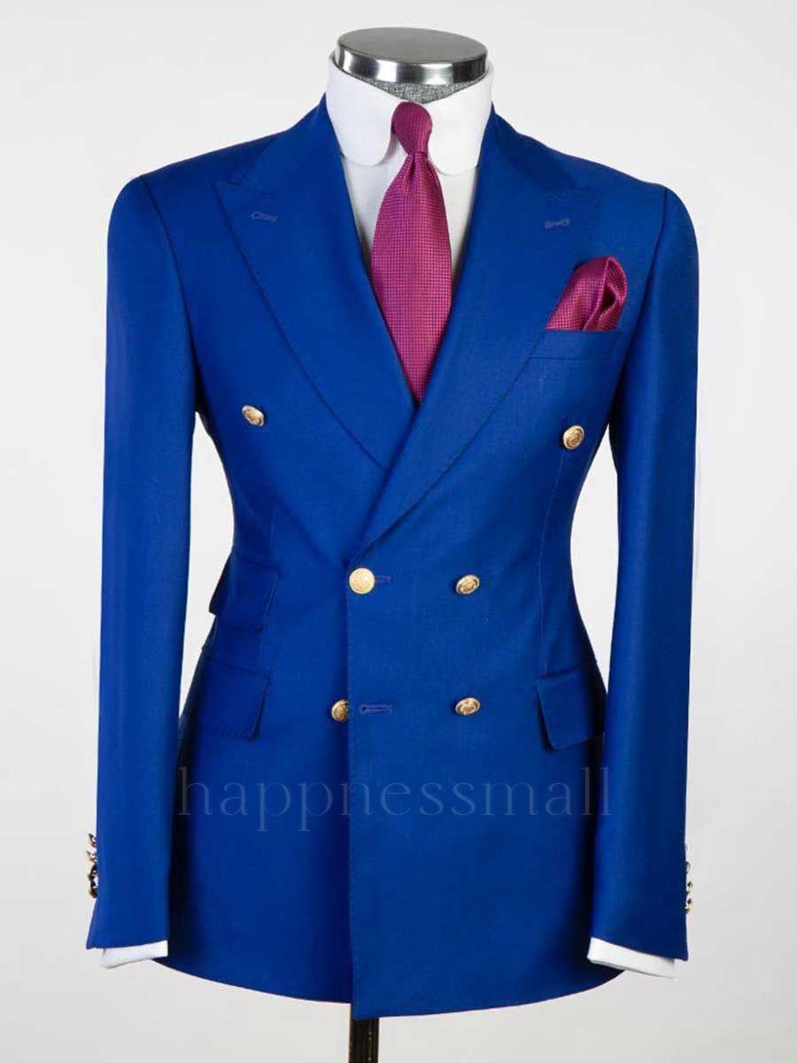 Royal Blue 2ps Peaked Lapel Slim Fit Men Suits | Happnessmall