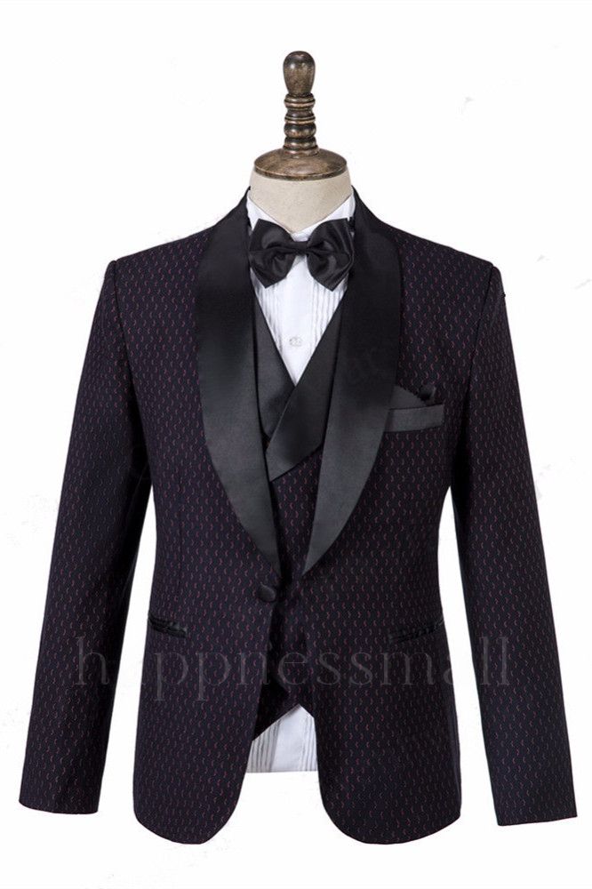 Fashion Black Shawl Lapel Three-Piece Wedding Tuxedo for Men | happnessmall