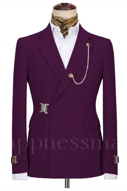 Unique Dark Purple Notch Lapel Men Suits For Business with Buckle