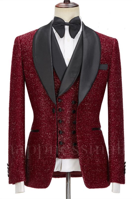 Glamorous Sparkle Red Three Pieces Wedding Suits with Black Shawl Lapel