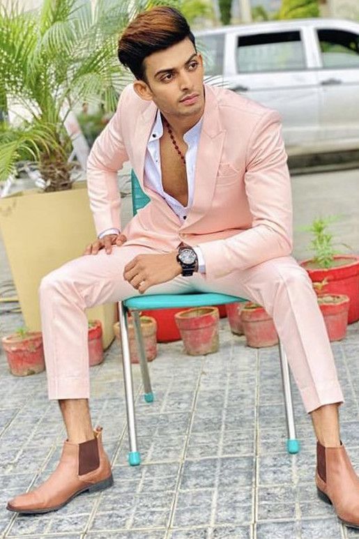 Andrew Fashion Pink Peaked Lapel Slim Fit Prom Men Suits