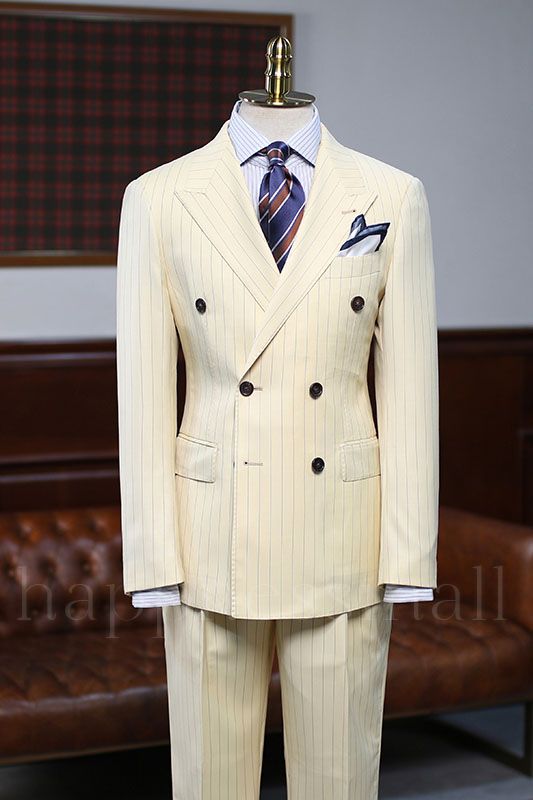 Olivia Smart Yellow Double Breasted Striped Custom Prom Men Suits