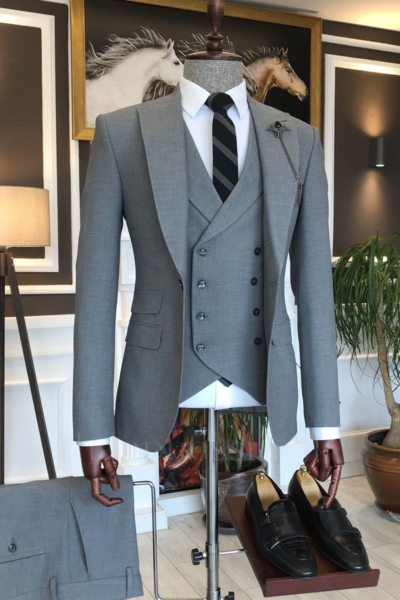 Sophia Handsome Gray 3-pieces Peaked Lapel Men Suits For Business