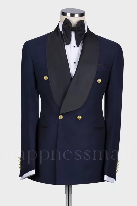Mercer Stylish Dark Navy Double Breasted Wedding Suits With Shawl Lapel
