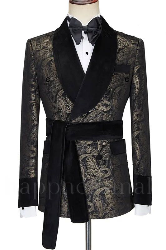 Black Double Breasted Shawl Lapel Jacquard Wedding Suits | Banquet Prom Suit With Belt