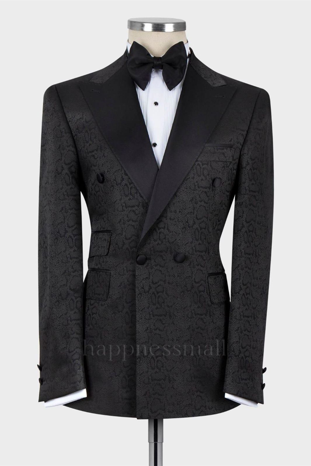 Black Jacquard Peaked Lapel Double Breasted Men Suits | Happnessmall