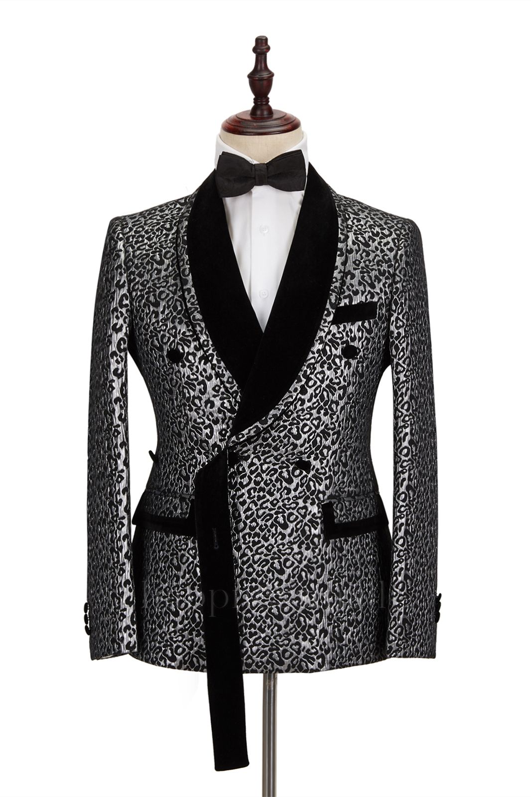 Stylish Black Stitching Silver Leopard Jacquard Men's Suit | Shawl Lapel Double Breasted Wedding Suit for Formal