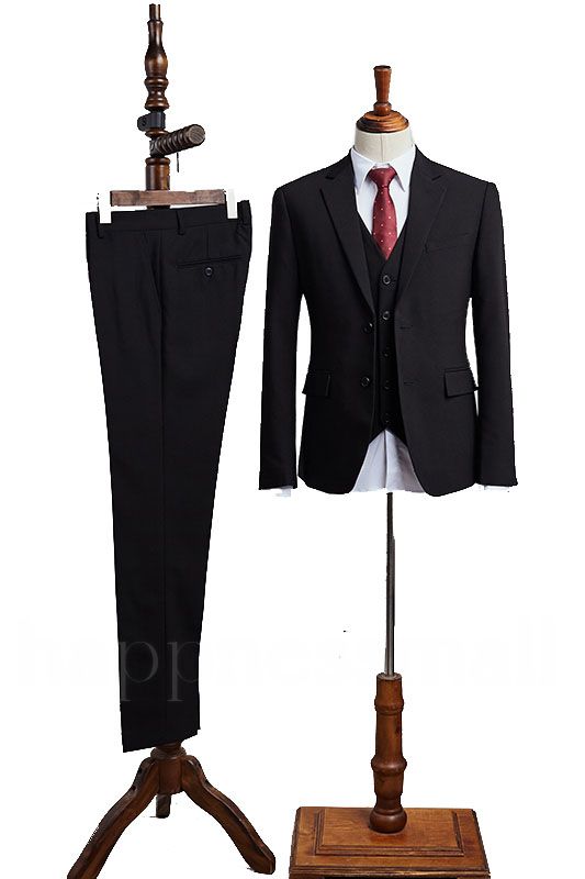 Lucas Classical All Black 3 Pieces Notched Lapel Slim Fit Custom Business Suit