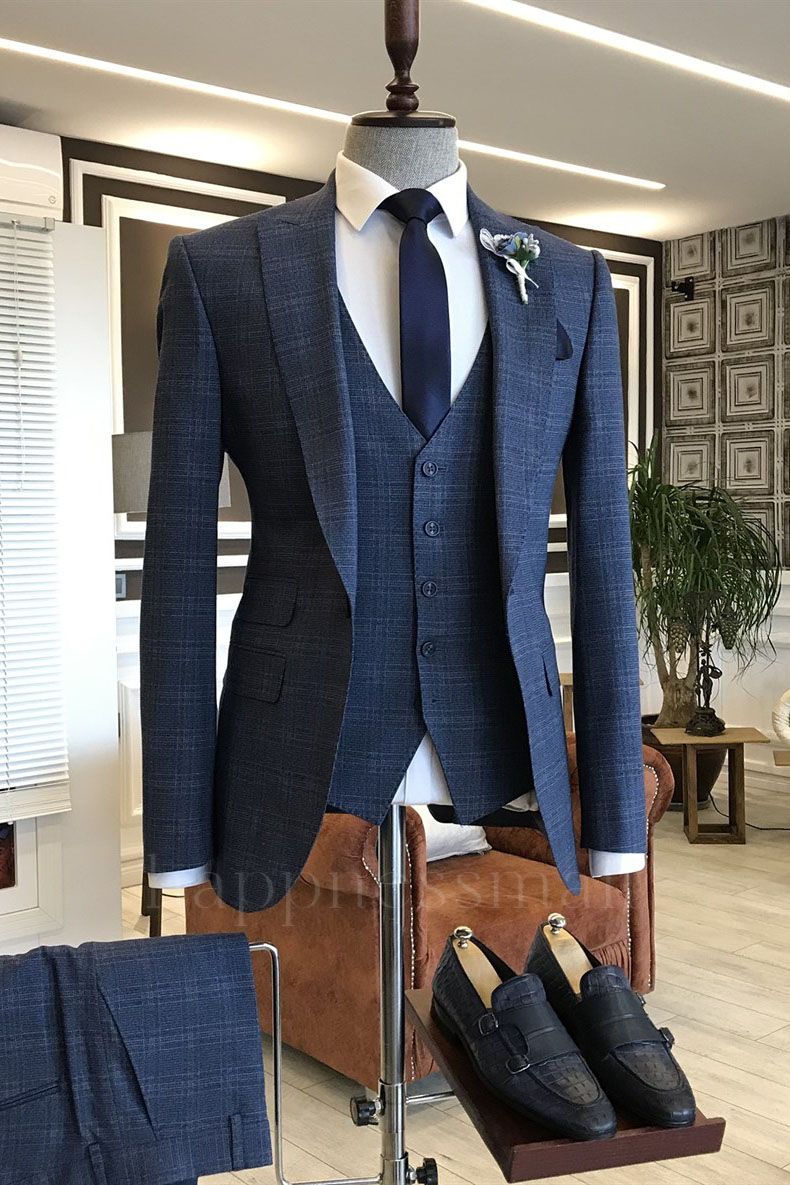 Thomas Elegant Blue Small Plaid  3-Pieces Peaked Lapel Formal Business Suits
