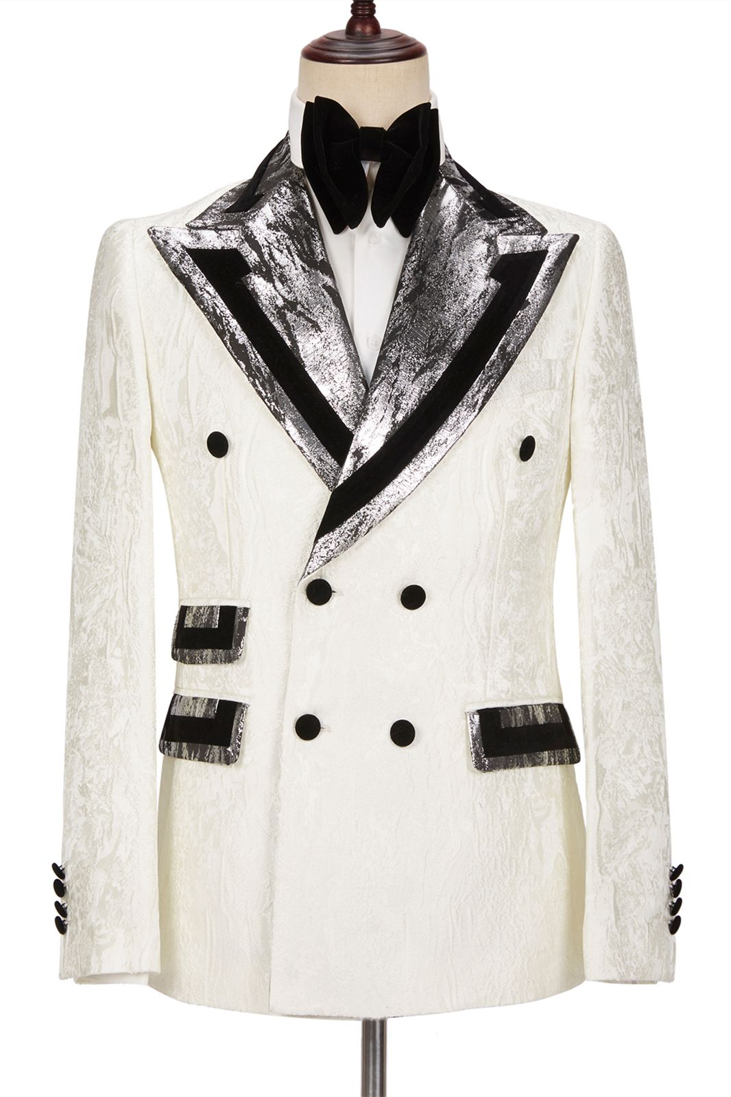 Unique White Jacquard Silver Gray Lapel With Black Border Men'S Wedding Tailcoat