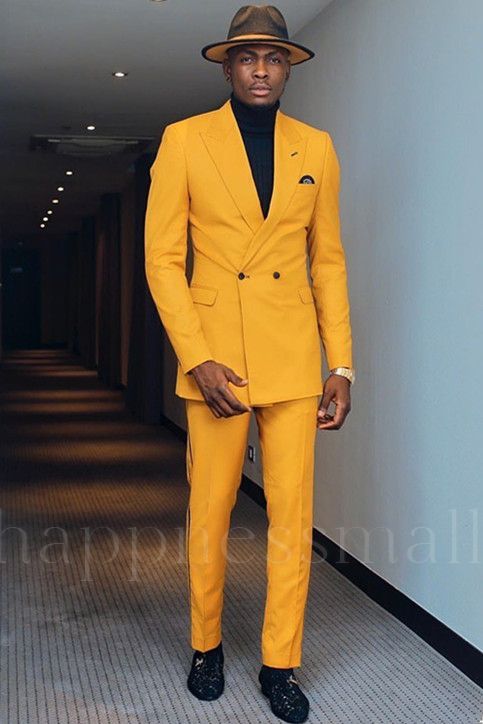 Stylish Yellow Peaked Lapel Double Breasted Men Suits | Happnessmall
