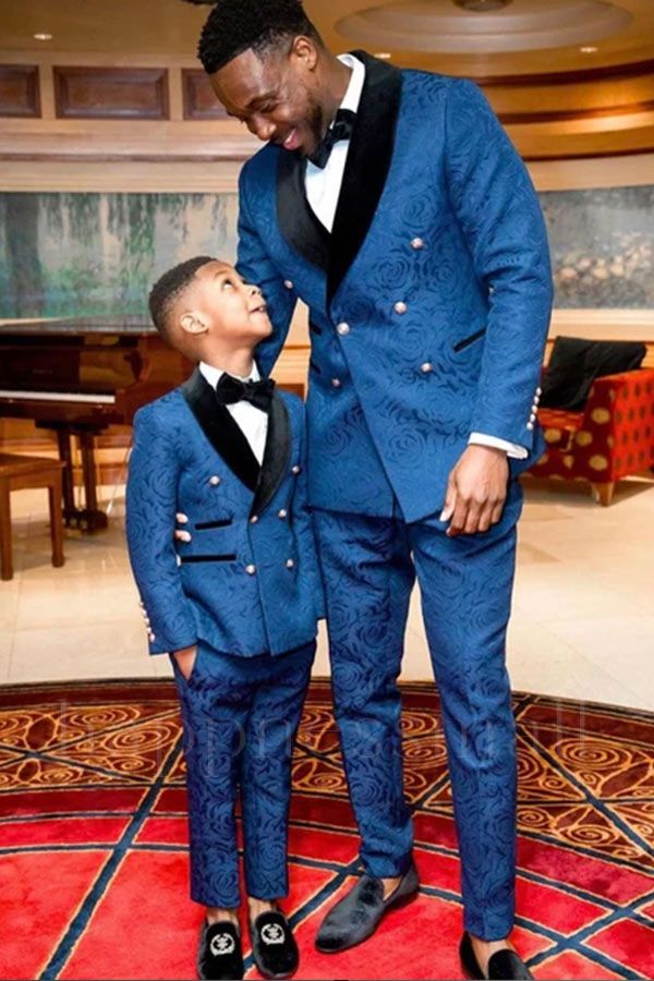 Jaxon Ocean Blue Jacquard Double Breasted Black Lapel Wedding Groom Suits