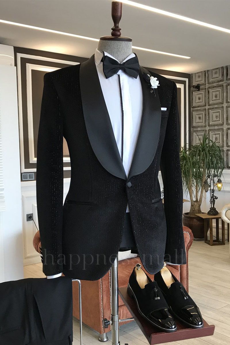 Nadia Popular Black Shawl Lapel With One Button Slim Fit Sparkle Wedding Suits