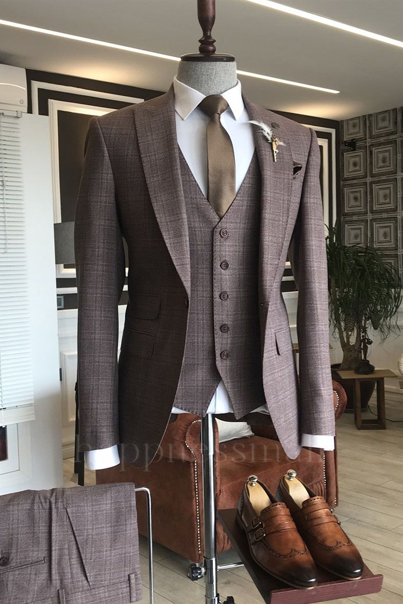 Michael Chic Burgundy Small Plaid 3-Pieces Slim Fit Business Suits For Men