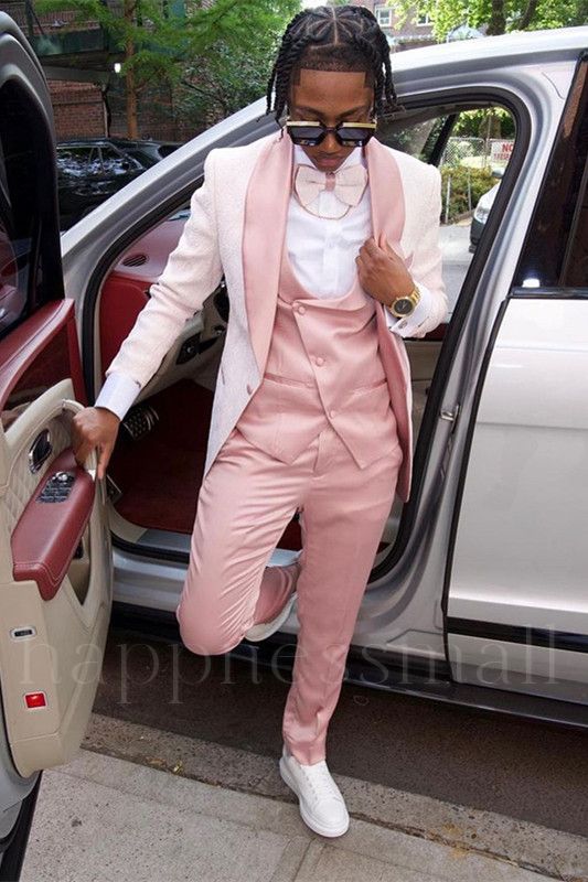 Emma Popular Pink Jacquard Shawl Lapel Three Pieces Prom Men Suit