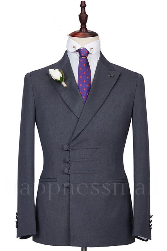 Elegant Shape Dark Gray Slim Fit Peaked Lapel Buckle Men Formal Suits