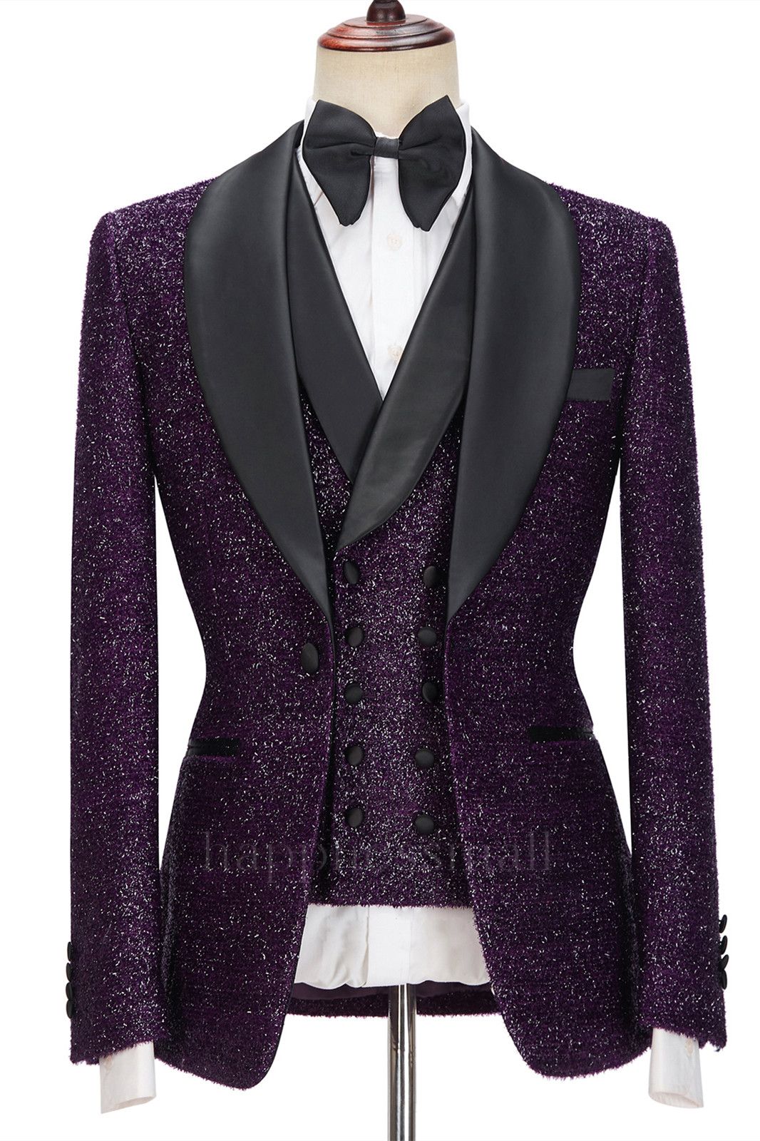Fashionable Bespoke Dark Purple Sparkle Shawl Lapel 3-Pieces Men Suits | Happnessmall