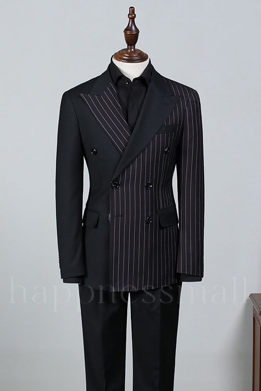 Classical Formal Black Striped Peaked Lapel Double Breasted Bespoke Business Suit