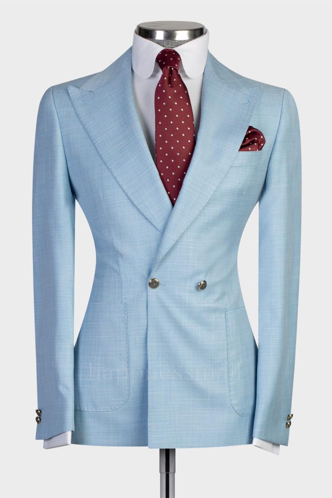 Irene New Fashion Sky Blue Double Breasted Peaked Lapel Men Suits