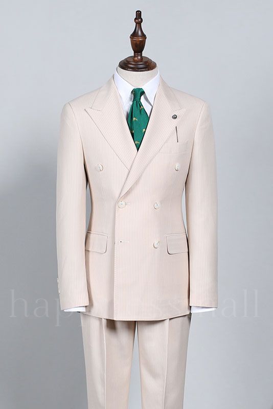 Fjorgrune Stylish Light Khaki Striped Double Breasted Bespoke Suit
