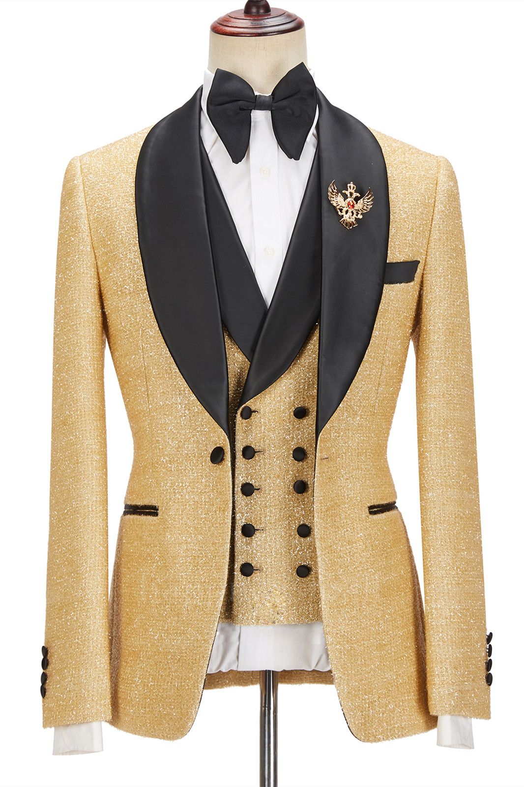 Fashionable Sparkly Golden Shawl Lapel  Three Pieces Men Suits For Wedding | Happnessmall