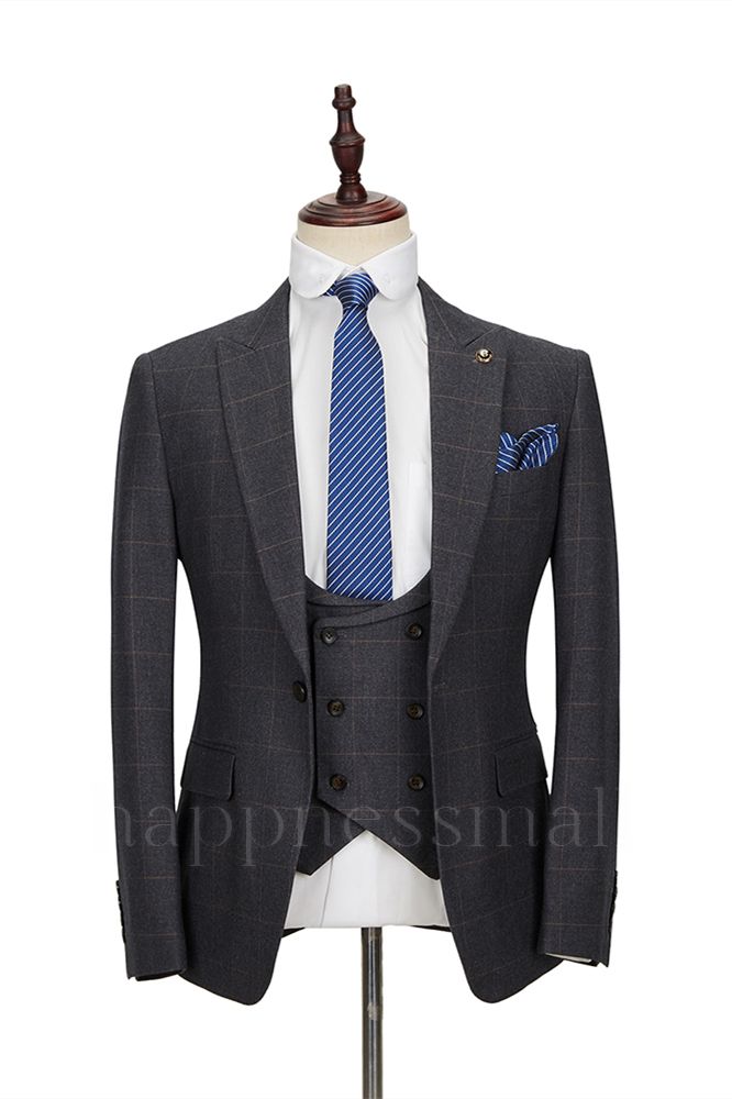 Fashion Dark Gray Plaid Peak Lapel 3 Piece Men's Suit with Double Breasted Waistcoat