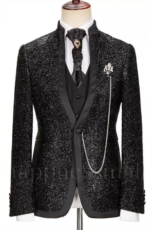 Fashionable black shiny stand up collar three piece men's suits