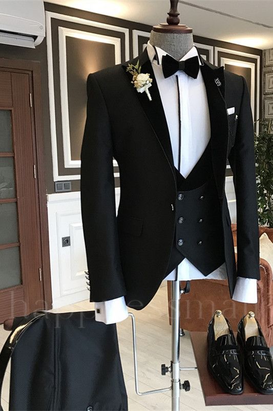 Ethan Stylish Black Slim Fit Peaked Lapel Three-Pieces Men Suits