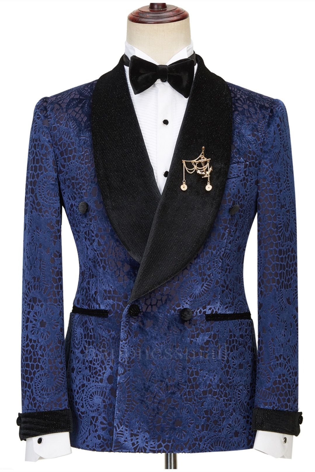 Modern Dark Navy Jacquard Double Breasted Sparkle Shawl Lapel  Men Suits For Wedding