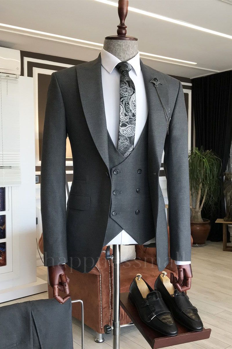 Orion Traditional Gray Peaked Lapel Formal One Button Business Men Suits