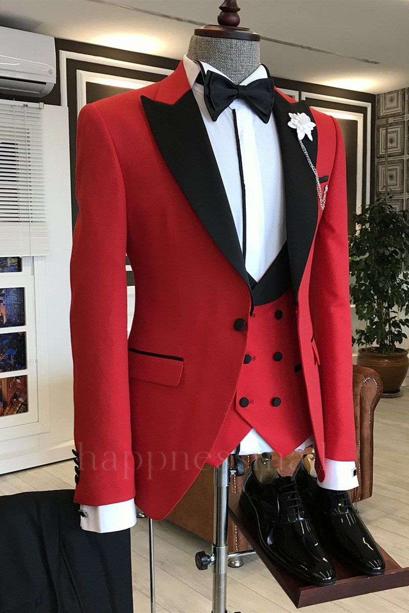 Chic Red 3-Pieces Black Peaked Lapel Prom Suits For Men