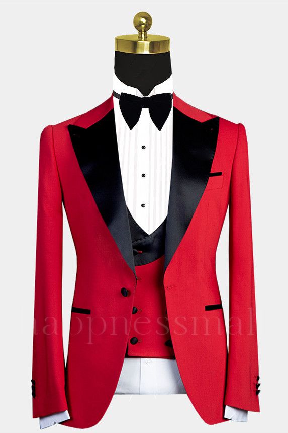 Fashionable red slim fit silk pointed collar with one button men's wedding suit